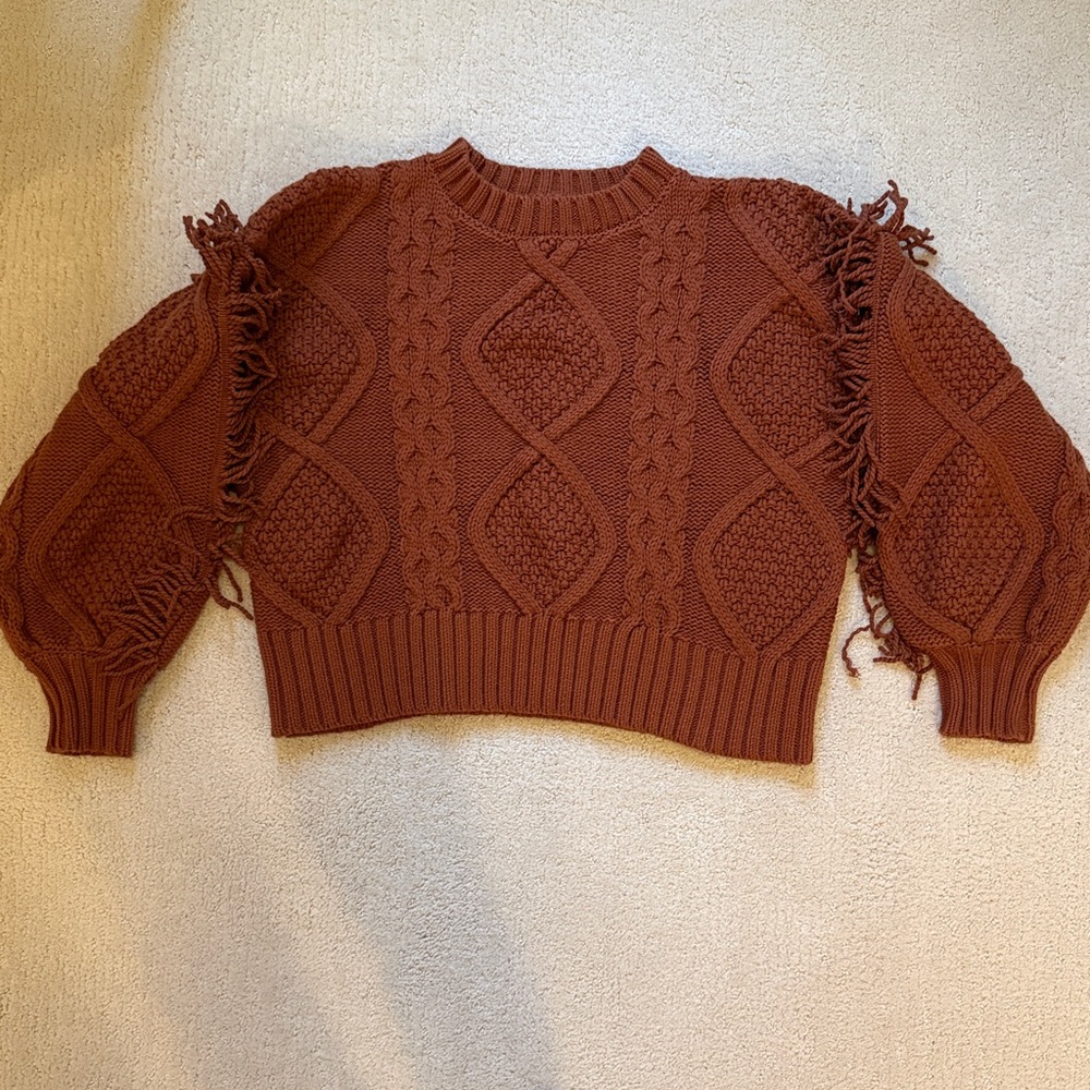 Line and Dot Brown Cabled Fringe Sweater